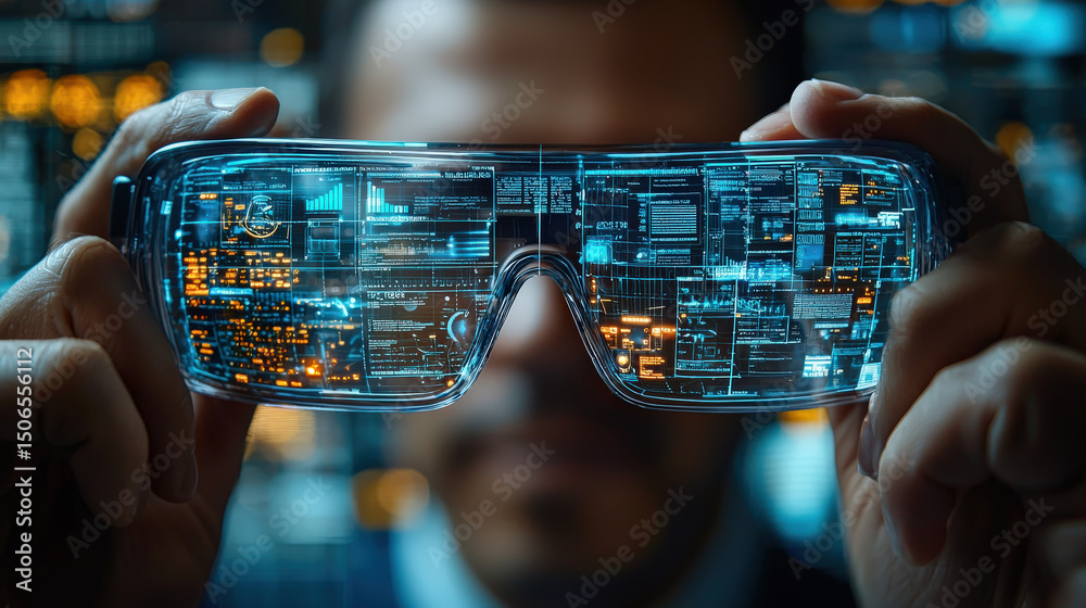 Leinwandbilder person holds futuristic augmented reality glasses displaying digital data and interfaces, symbolizin