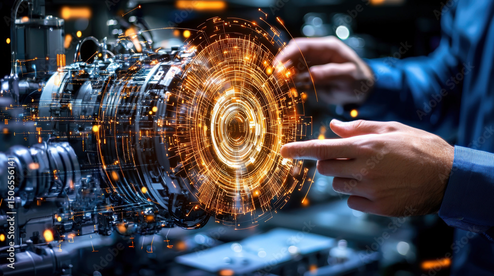 Leinwandbilder person interacts with digital interface overlaying mechanical components, symbolizing advanced techn