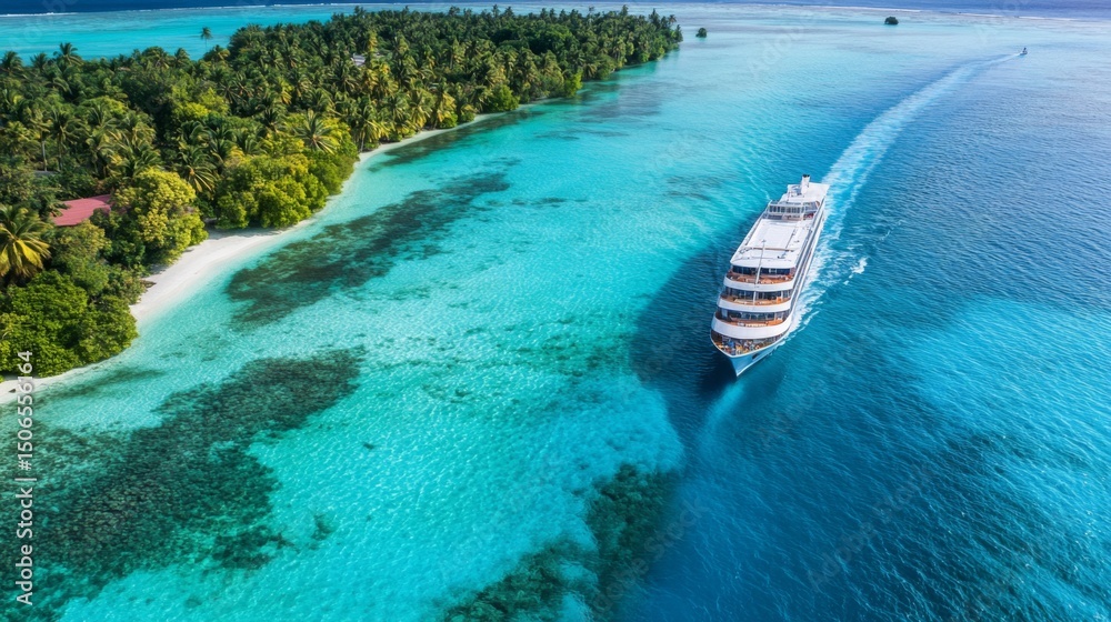 Poster an aerial shot of a large cruise ship navigating through crystal-clear turquoise waters, showcasing 