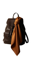 Leather Backpack with a Brown Scarf Accessory on an Isolated Background