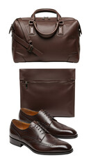 Leather Goods Accessories Brown Shoes And Handbag Isolated On White Background