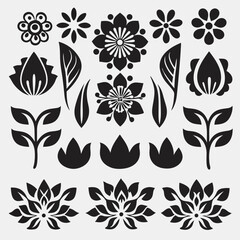Geometric Garden: Abstract Floral Vectors & Botanical Icons, Flower shape vector, floral icon set, flowers vector silhouette, symmetrical floral patterns, lotus, petals, abstract blossoms.