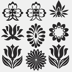 Fototapeta premium Geometric Garden: Abstract Floral Vectors & Botanical Icons, Flower shape vector, floral icon set, flowers vector silhouette, symmetrical floral patterns, lotus, petals, abstract blossoms.
