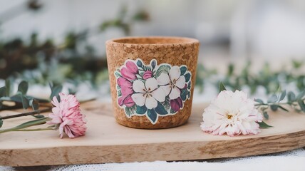 “Handcrafted Cork Cup with Floral Design and Blossoms – Eco Friendly Rustic Decor with Nature Elements”