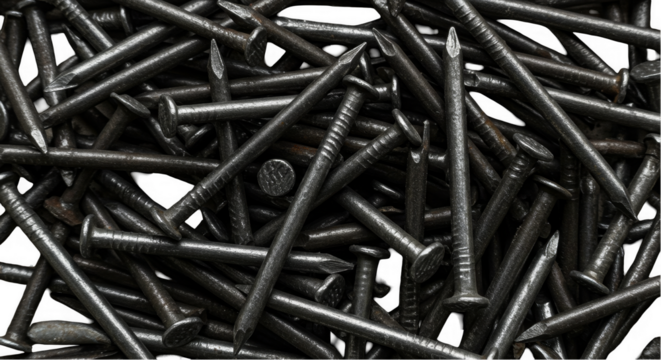 Macro Photo of a Pile of Steel Nails against a Transparent Background