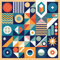 Geometric pattern vector background with Scandinavian abstract color or Swiss geometry prints of rectangles, squares and circles shape design