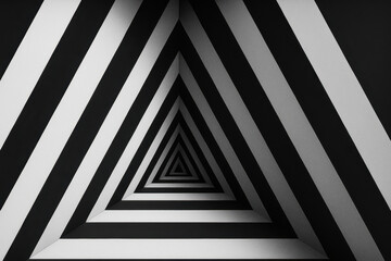 Series of black and white concentric triangles create hypnotic optical illusion, drawing viewer eye towards center. geometric pattern is bold and striking
