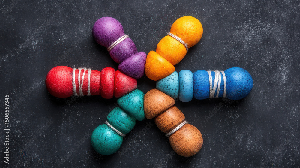Fototapete colorful wooden spools arranged in star shape on textured dark background, showcasing diversity and 
