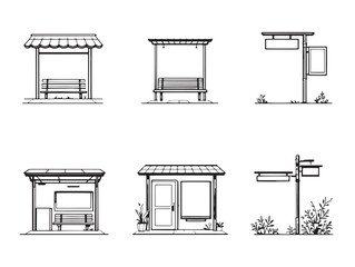 minimalist bus stop line art drawing for transport icons