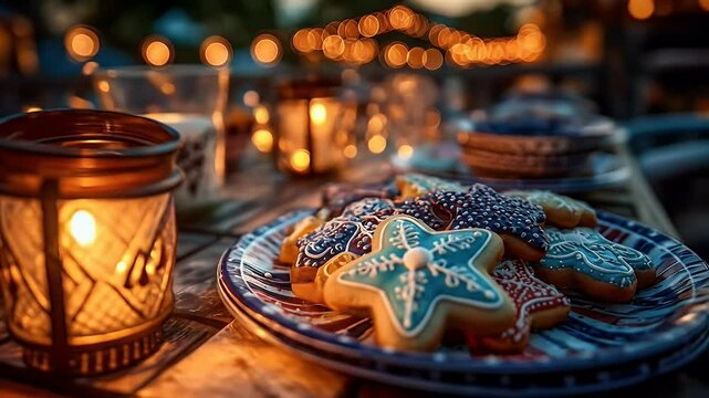 Festive star shaped cookies on a plate at night