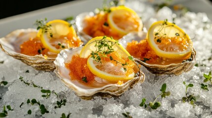 An artistic shot of fresh oysters on the half shell, garnished with lemon slices, cocktail sauce, and a sprinkle of herbs, presented on a bed of crushed ice.