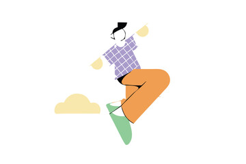 Minimalist Jumping Character Illustration – Modern Cartoon Style, Bold Colors, Floating Person with Abstract Clouds for Tech Branding, Editorial, and App Design.