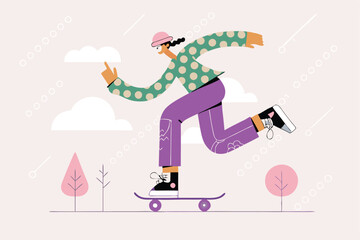 Urban Skating Characters – Trendy Cartoon Illustrations of People on Skateboards and Roller Skates in Motion.