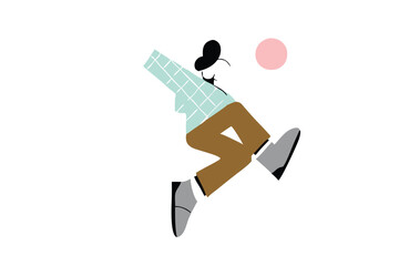 Minimalist Jumping Character Illustration – Modern Cartoon Style, Bold Colors, Floating Person with Abstract Clouds for Tech Branding, Editorial, and App Design.