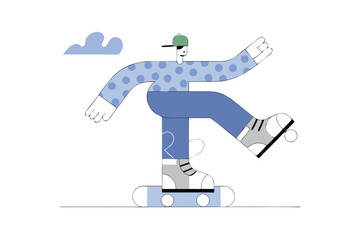 Urban Skating Characters – Trendy Cartoon Illustrations of People on Skateboards and Roller Skates in Motion.