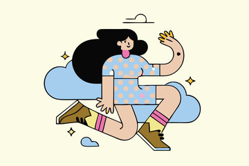 Minimalist Jumping Character Illustration – Modern Cartoon Style, Bold Colors, Floating Person with Abstract Clouds for Tech Branding, Editorial, and App Design.