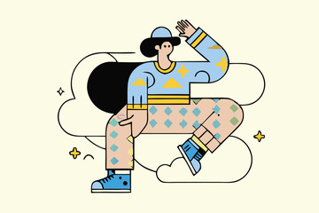 Minimalist Jumping Character Illustration – Modern Cartoon Style, Bold Colors, Floating Person with Abstract Clouds for Tech Branding, Editorial, and App Design.