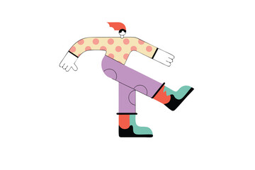 Minimalist Jumping Character Illustration – Modern Cartoon Style, Bold Colors, Floating Person with Abstract Clouds for Tech Branding, Editorial, and App Design.