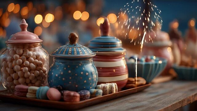 Festive treats and fireworks candy cookies and decorated jars