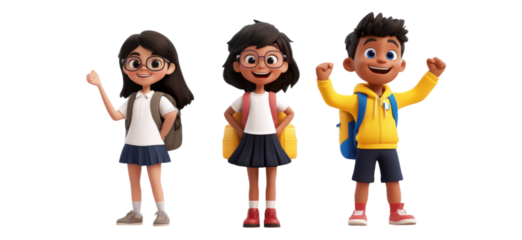 Cheerful Cartoon School Kids with Backpacks – Happy Children Isolated on White