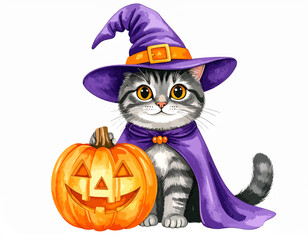 Adorable Cat in Witch Hat with Pumpkin, Halloween-Themed Cute Animal Illustration, watercolor illustration