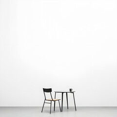 Minimalistic image with a white background, featuring a black table in the right corner accompanied by a black chair and a black coffee cup. Clean lines and stark contrast emphasize simplicity.