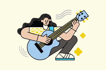 Portrait of man playing acoustic guitar. Music and entertainment concept for design and print Design for poster banner Pro Vector.