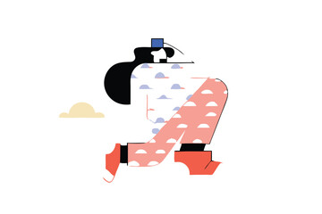 Minimalist Jumping Character Illustration – Modern Cartoon Style, Bold Colors, Floating Person with Abstract Clouds for Tech Branding, Editorial, and App Design.