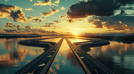 Obraz premium Sunrise over waterway pathway