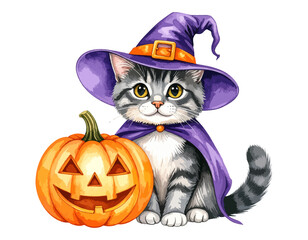 Adorable Cat in Witch Hat with Pumpkin, Halloween-Themed Cute Animal Illustration, watercolor illustration