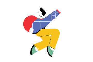 Minimalist Jumping Character Illustration – Modern Cartoon Style, Bold Colors, Floating Person with Abstract Clouds for Tech Branding, Editorial, and App Design.