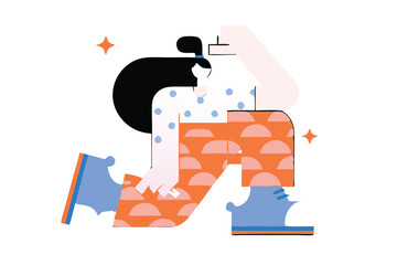 Minimalist Jumping Character Illustration – Modern Cartoon Style, Bold Colors, Floating Person with Abstract Clouds for Tech Branding, Editorial, and App Design.