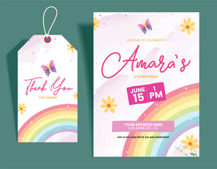 Birthday girl invitation card clipart template set. Happy birthday invitation card and tags template with rainbow party theme for kids fantasy celebration abstract background clip art collection 