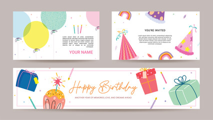Happy birthday greeting card clipart banner set. Birthday invitation card template clip art collection with flat colorful drawing elements like balloons, party hat and gift box banner design vector 