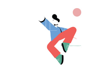 Minimalist Jumping Character Illustration – Modern Cartoon Style, Bold Colors, Floating Person with Abstract Clouds for Tech Branding, Editorial, and App Design.