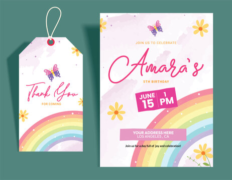 Birthday girl invitation card clipart template set. Happy birthday invitation card and tags template with rainbow party theme for kids fantasy celebration abstract background clip art collection 