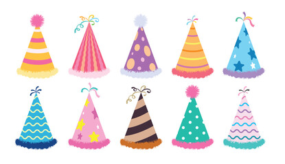 Birthday party hat elements clipart set. Colorful party hat with printed and pattern clip art collection for birthday costume cone object cartoon design in white background vector illustration.
