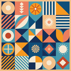 Geometric pattern vector background with Scandinavian abstract color or Swiss geometry prints of rectangles, squares and circles shape design