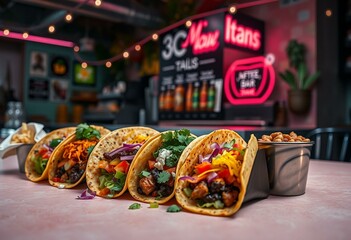 Obraz premium Brightly colored taco bar with rainbow-hued tortillas and fillings on a pastel background, dramatic lighting, deep shadows, and rich desaturated colors.