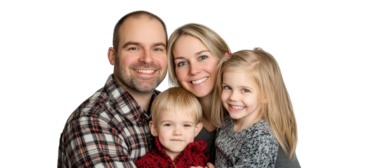 Happy Loving Family Portrait with Two Young Children Indoors, isolated on white background