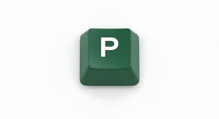 Green keyboard key with letter P isolated on white background