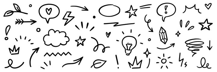 Fototapeta na wymiar Line marker hand drawn brush arrow element set. Sketch pencil stroke vector graphic pen underline scribble icon. Hand drawn line heart, crown, star symbol highlight marker shape. Vector illustration