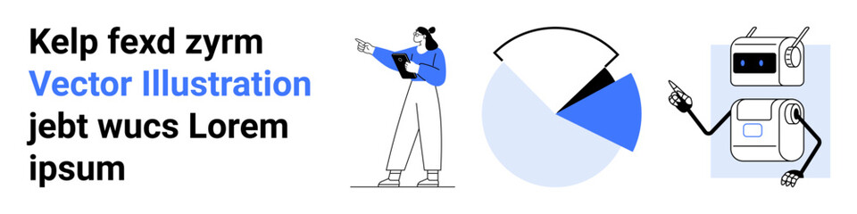 Businesswoman pointing with a tablet, a segmented data chart, and a robot explaining. Ideal for technology, analytics, AI, teamwork, education, strategy simple landing page