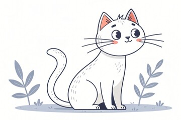 Obraz premium Adorable White Kitten Sitting Outdoors in a Garden Cute Cartoon Cat Illustration