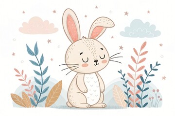 Obraz premium Adorable Bunny Rabbit Illustration Pastel Colors Nursery Decor Cute Cartoon Animal Art Whimsical