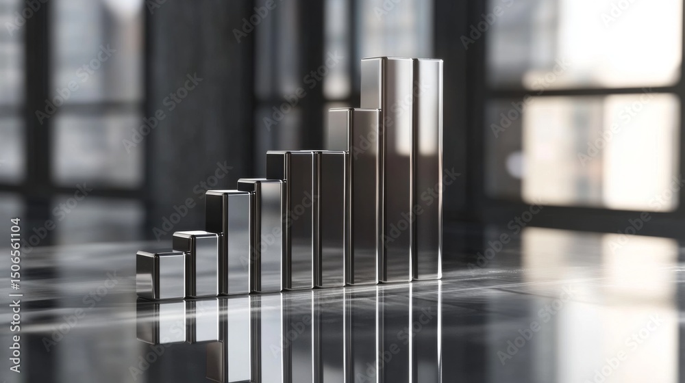 Leinwandbilder a d stacked bar chart with metallic bars in ascending order, placed on a reflective surface, highlig