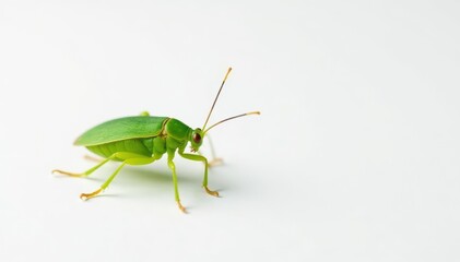 Obraz premium Green insect with long antennae on pure white backdrop, simple, bug, chlorophyll