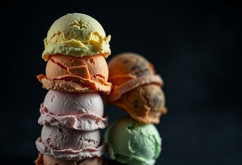 Dark moody food aesthetic, ice cream tower, bold colors, shallow depth of field, dramatic lighting, deep shadows, atmospheric feel