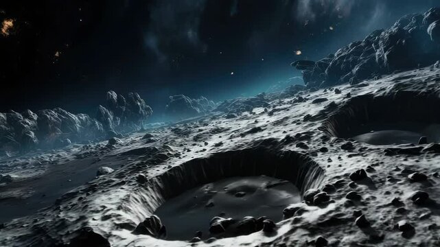 A large asteroid passing by the moon, creating a sense of scale and proximity, dramatic and awe-inspiring
