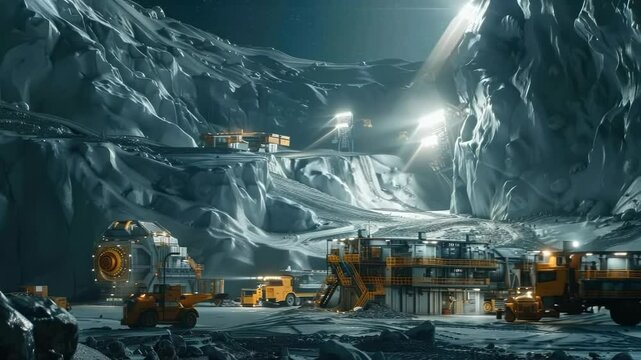 A futuristic mining operation on an asteroid, with machinery and miners working in the harsh environment
